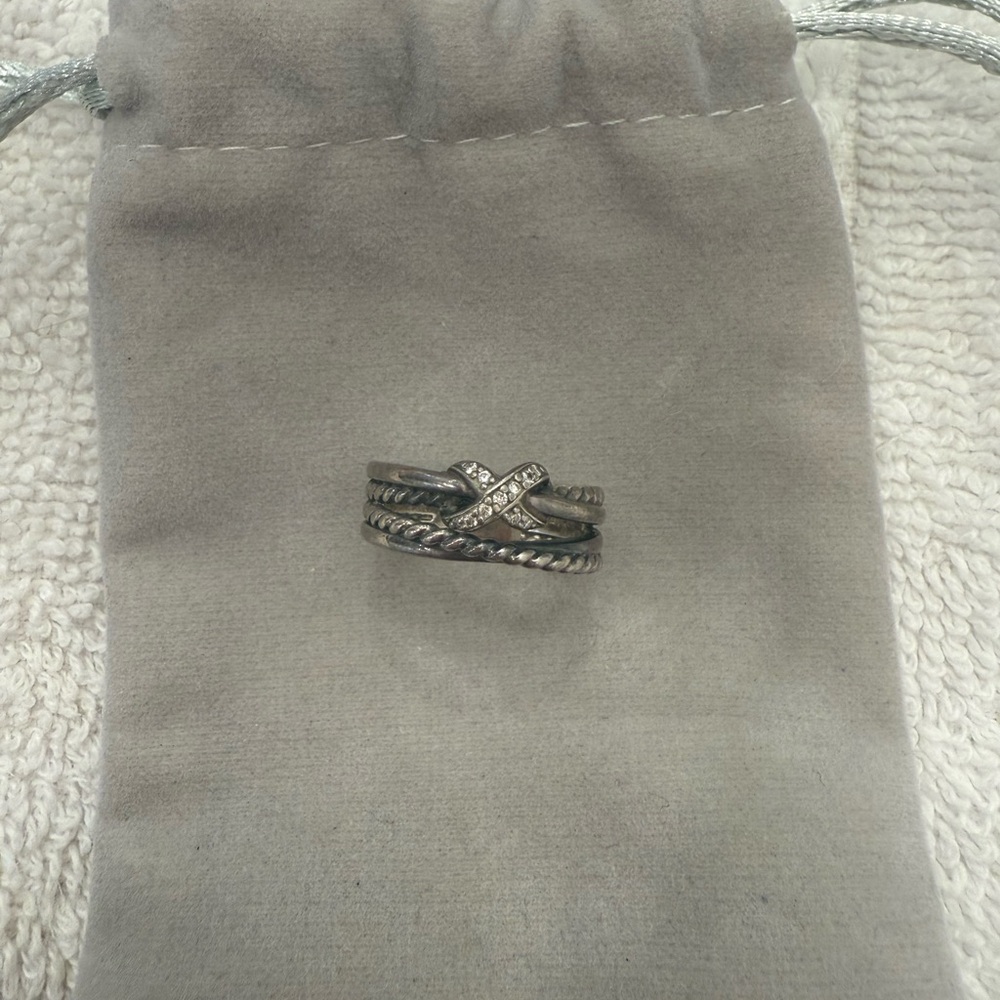 David Yurman sterling silver X crossover band Diamond ring- authentic